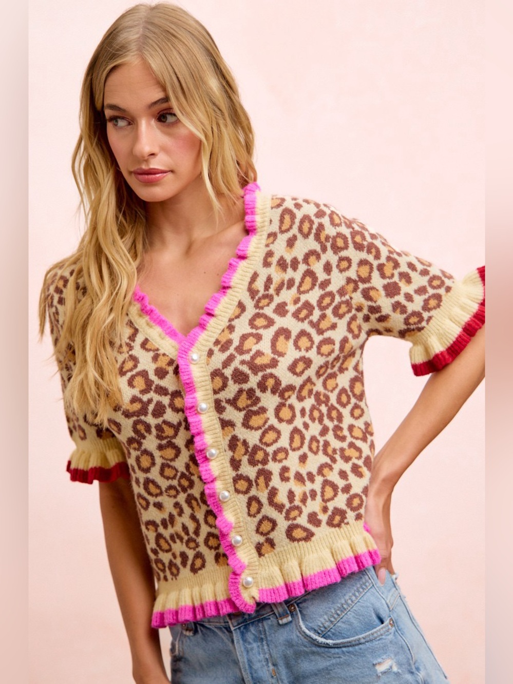 BiBi Leopard Patterned Ruffled Detail Button Cardigan - Picture 7 of 10